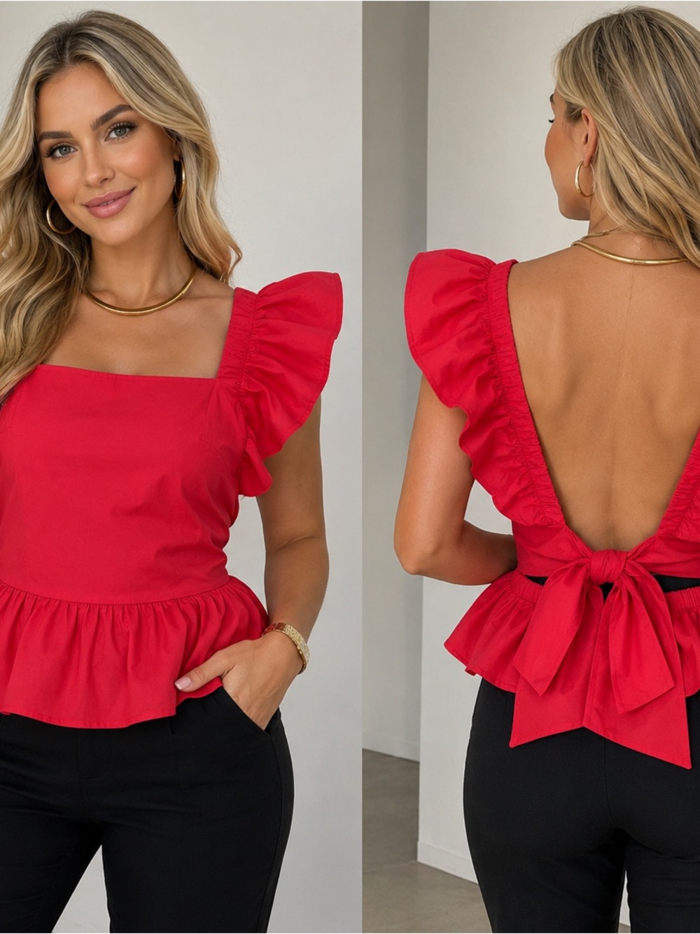 Ruffle Sleeve Tie-Back Women's Pink Peplum Dress Top Size L